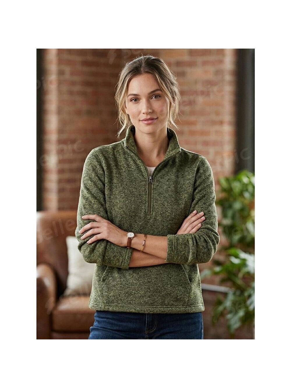 Eddie Bauer Women's Olive Green Fleece Quarter Zip Pullover XL